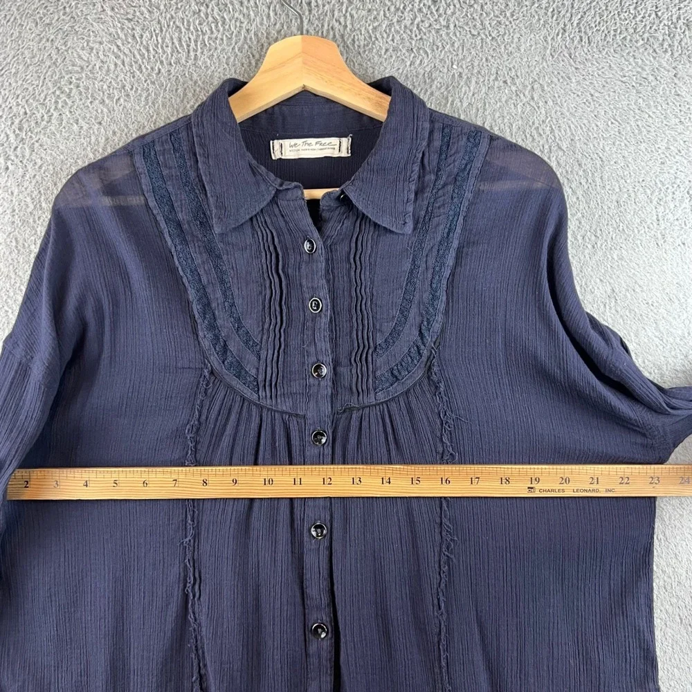 We The Free Free People Navy Blue Lace Pintuck Gauze Button Down Tunic Top M